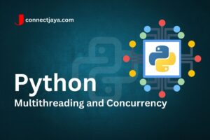"Multithreading and concurrency concepts illustrated with Python code snippets: A laptop with multiple threads and gears symbolizing the parallel execution of tasks for improved performance."